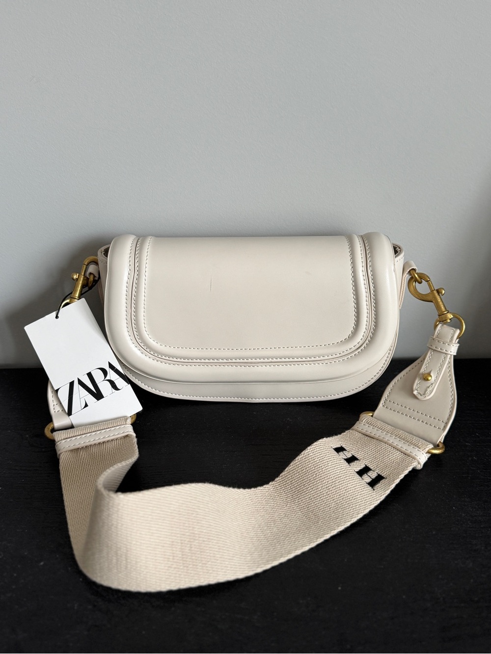 Zara Cream Leather Crossbody with Wide Beige Canvas Strap